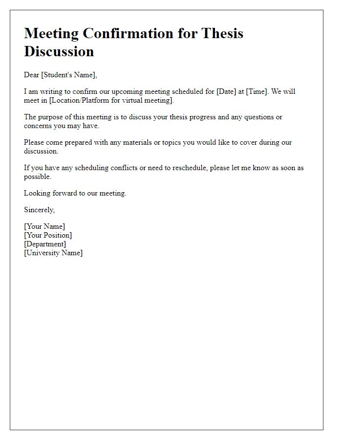 Letter template of faculty advisor meeting confirmation for thesis discussion.