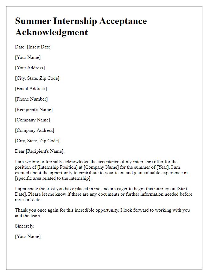 Letter template of summer internship acceptance acknowledgment