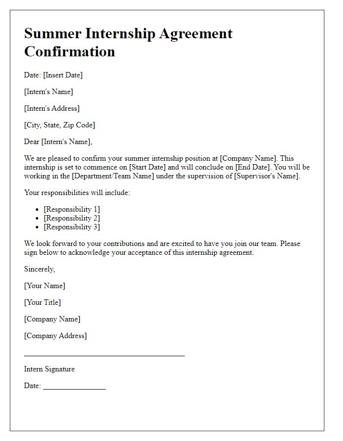 Letter template of summer internship agreement confirmation