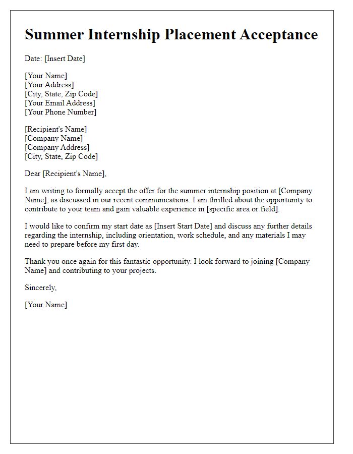 Letter template of summer internship placement acceptance