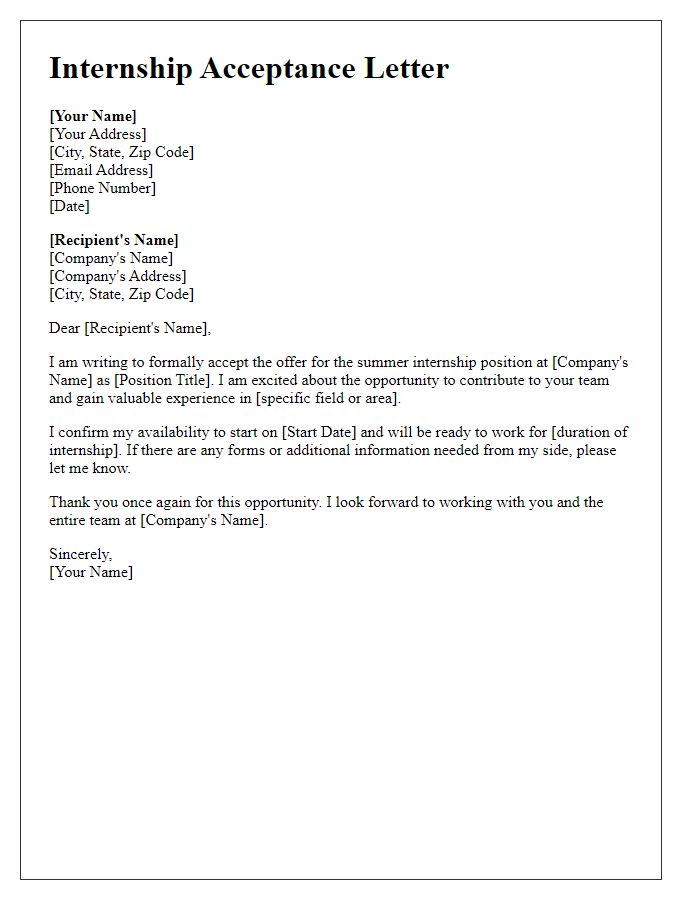 Letter template of summer internship role acceptance