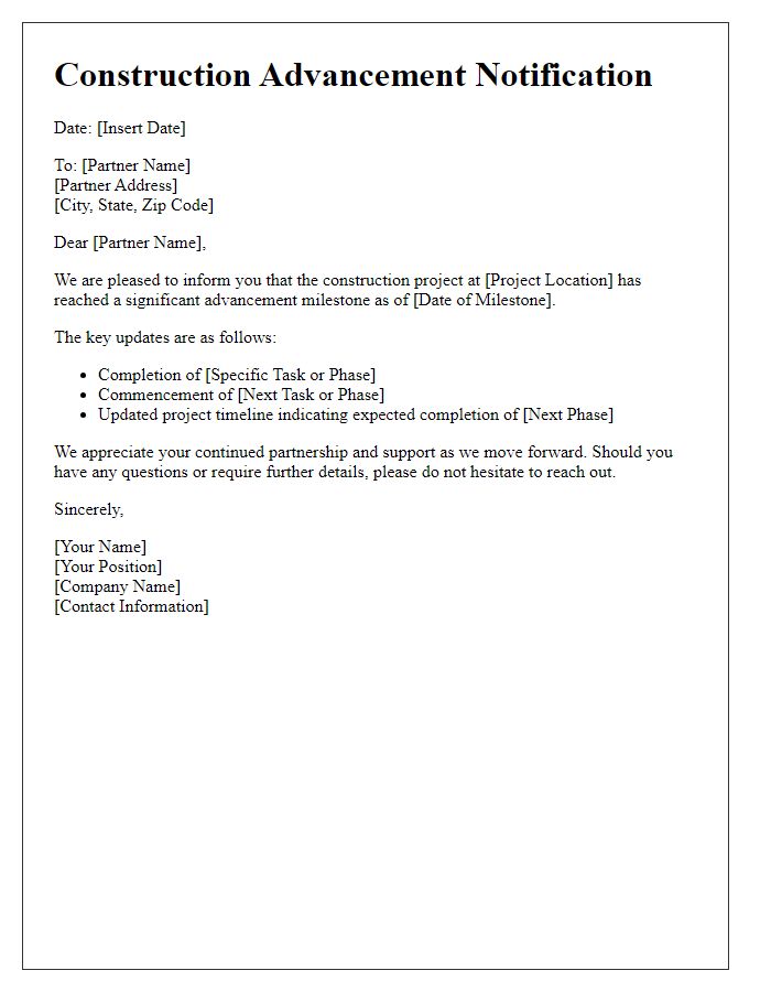 Letter template of construction advancement notification for partners