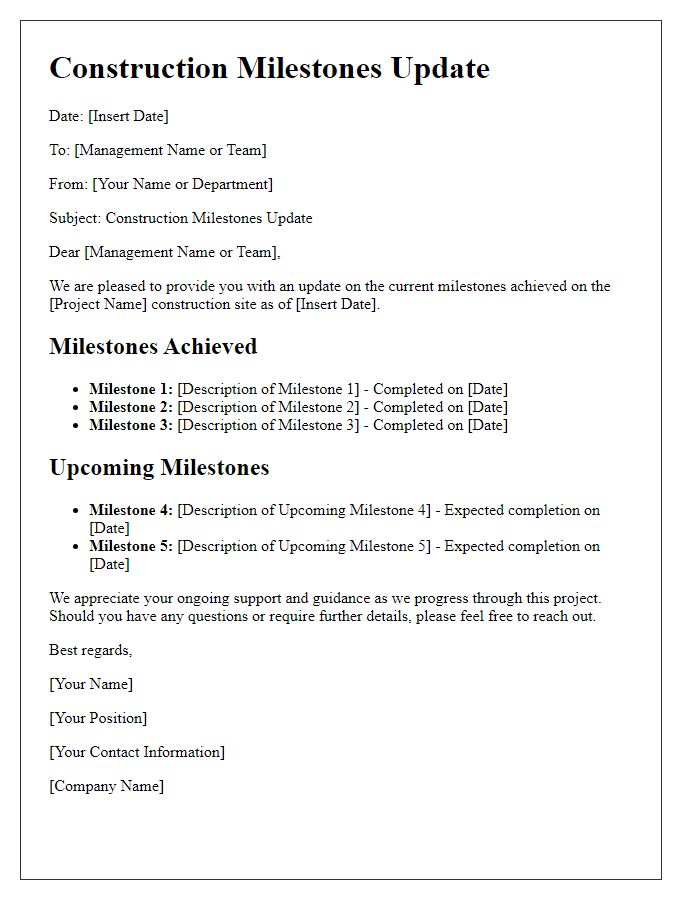 Letter template of construction milestones update for management