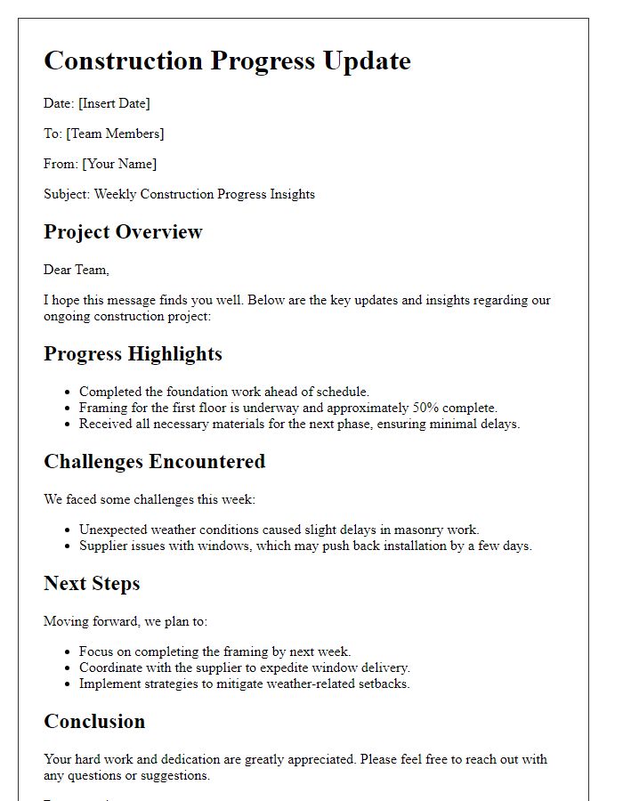 Letter template of construction progress insights for team members