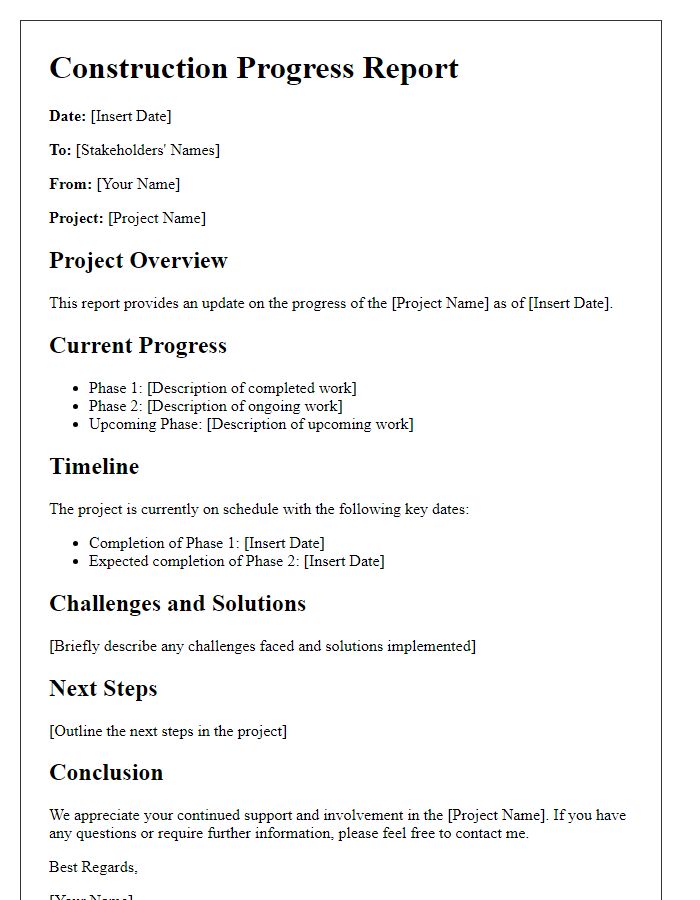 Letter template of construction progress report for stakeholders