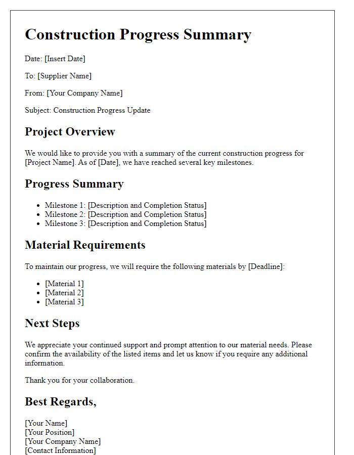 Letter template of construction progress summary for suppliers