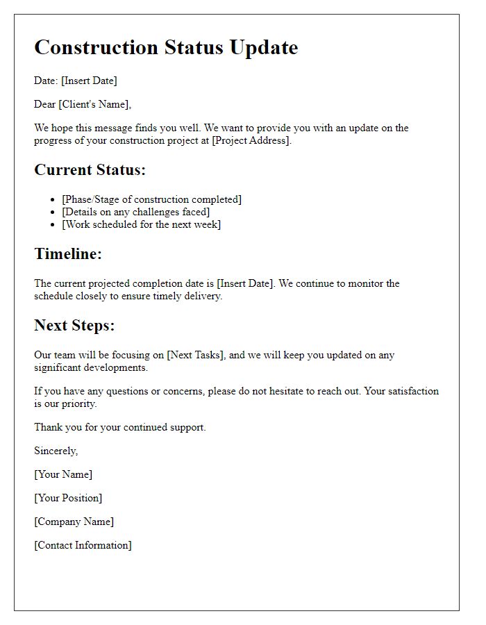 Letter template of construction status update for clients