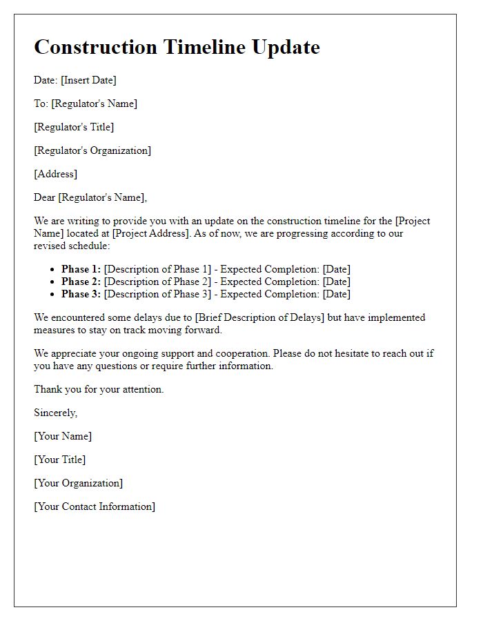 Letter template of construction timeline update for regulators