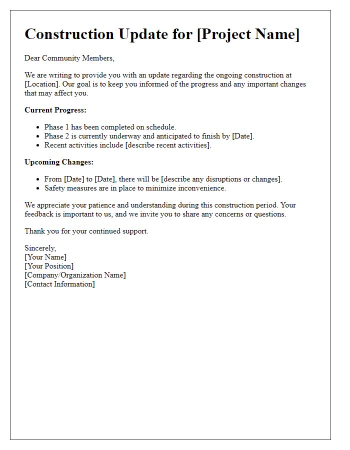 Letter template of construction update communication for community members