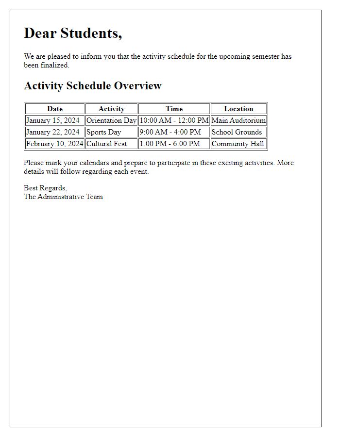 Letter template of activity schedule release for students