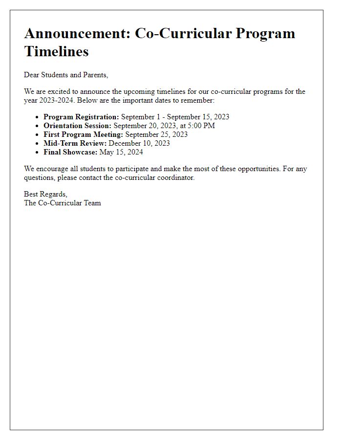 Letter template of announcement for co-curricular program timelines