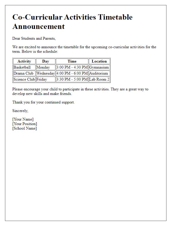 Letter template of co-curricular activities timetable announcement