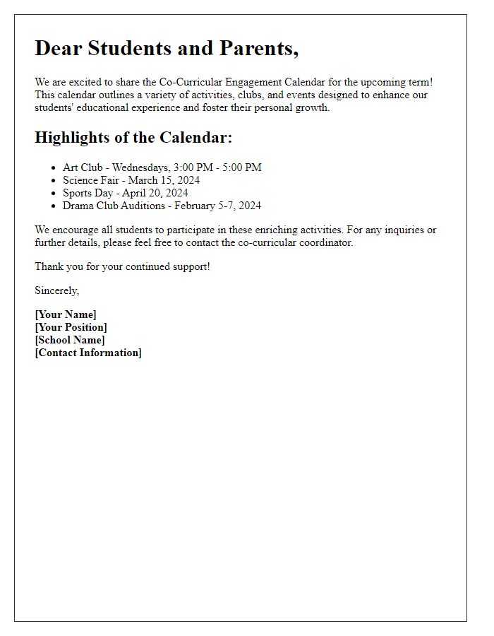 Letter template of co-curricular engagement calendar distribution