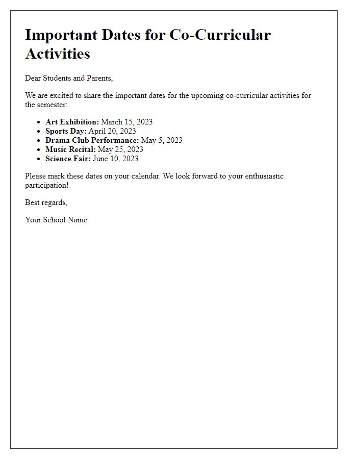 Letter template of important dates for co-curricular activities