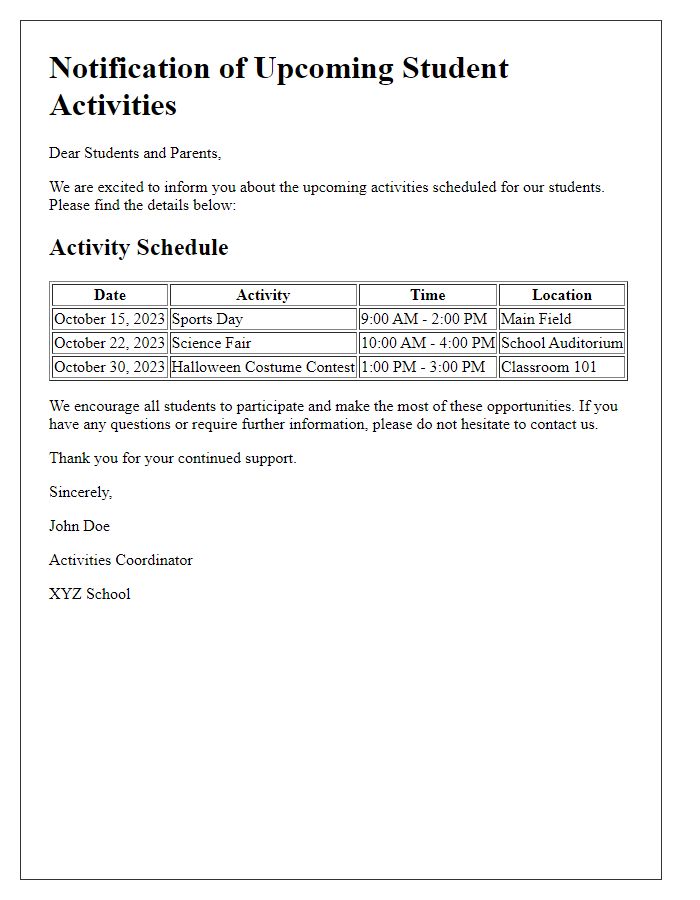 Letter template of notification for student activity schedules