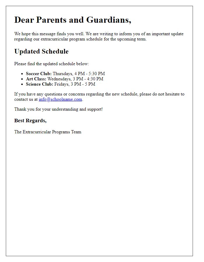 Letter template of schedule update for extracurricular programs