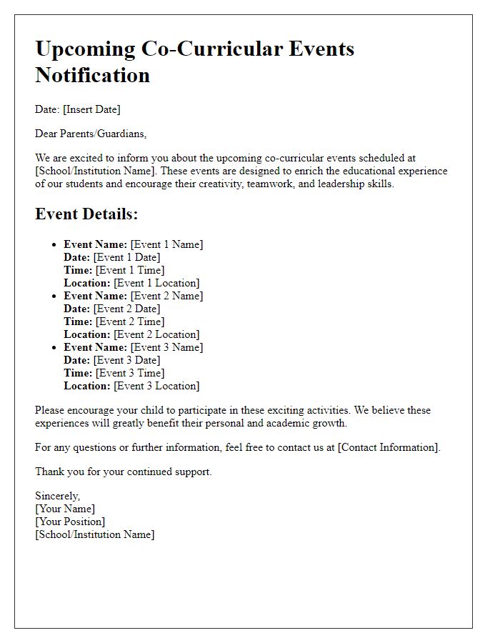 Letter template of upcoming co-curricular events notification