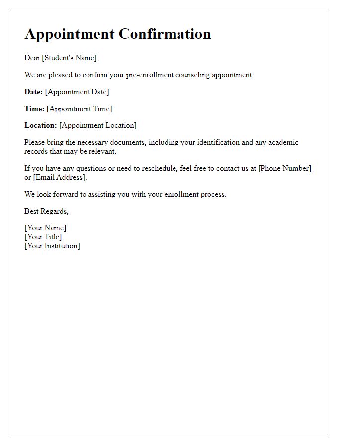 Letter template of pre-enrollment counseling appointment confirmation