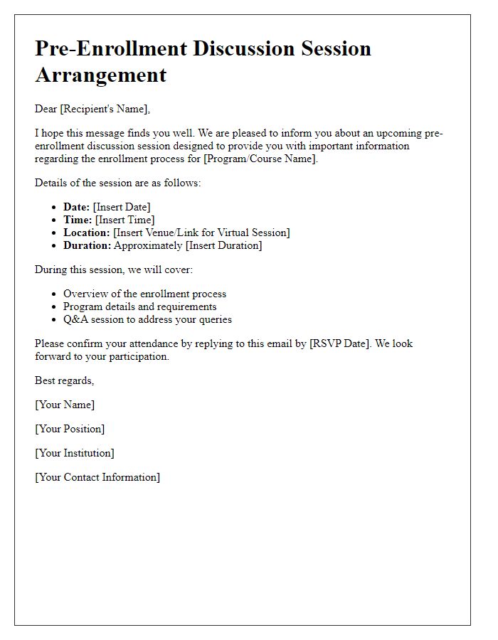 Letter template of pre-enrollment discussion session arrangement