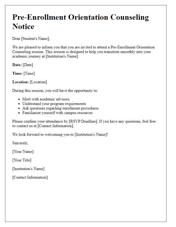 Letter template of pre-enrollment orientation counseling notice