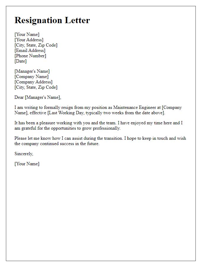 Letter template of resignation as a maintenance engineer.