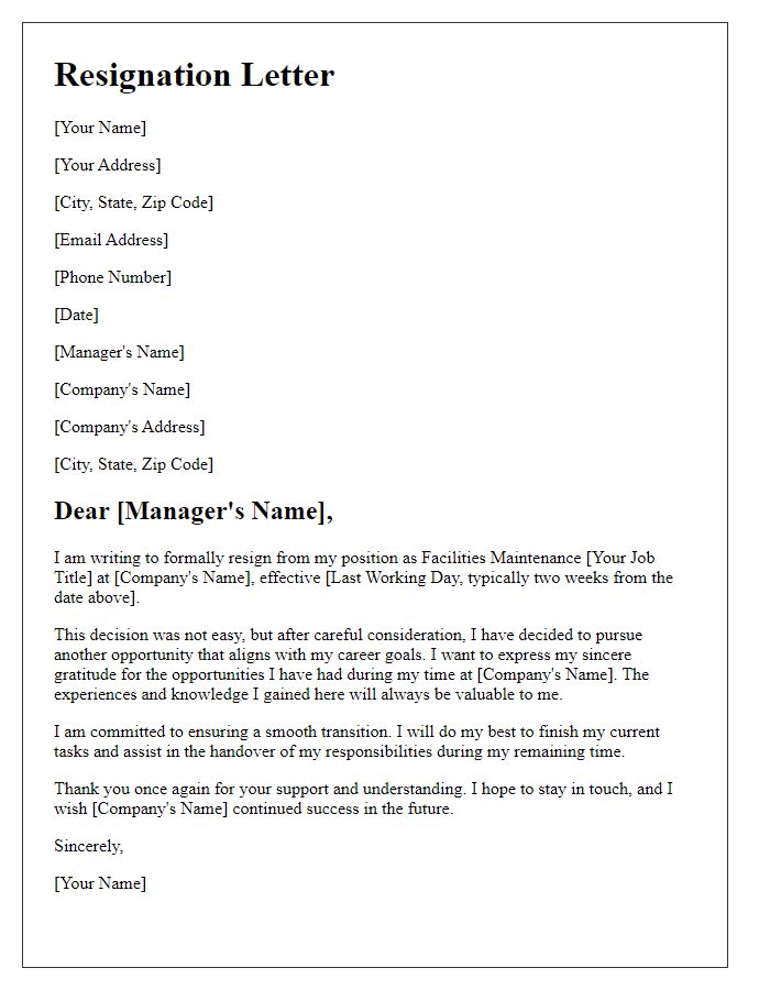 Letter template of resignation for a facilities maintenance position.