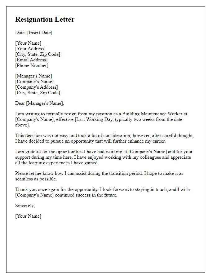 Letter template of resignation from a building maintenance job.