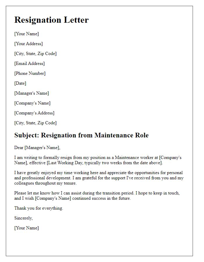 Letter template of resignation from a maintenance role.