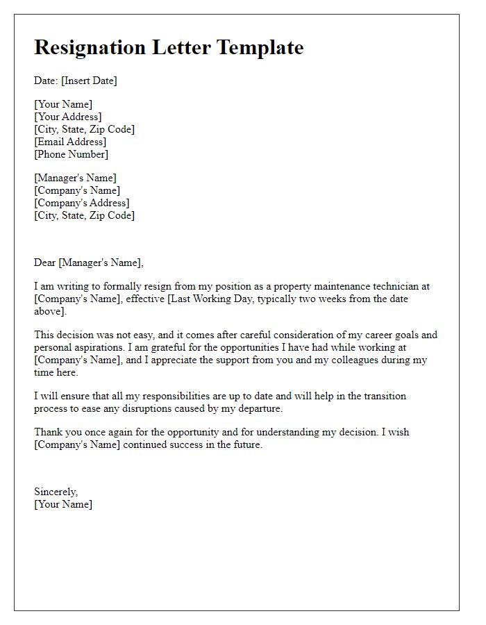 Letter template of resignation from a property maintenance position.