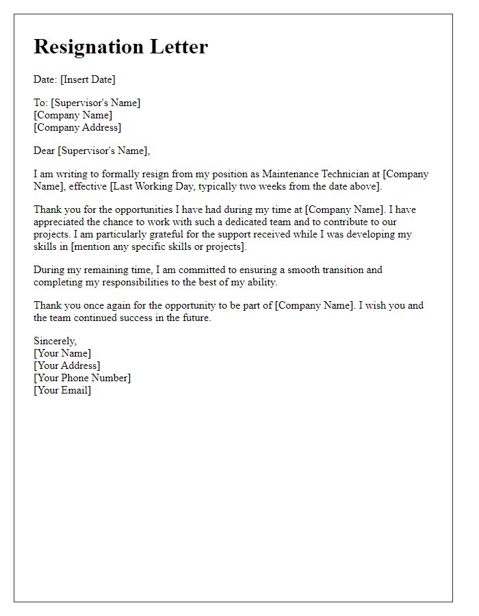 Letter template of resignation in the maintenance sector.