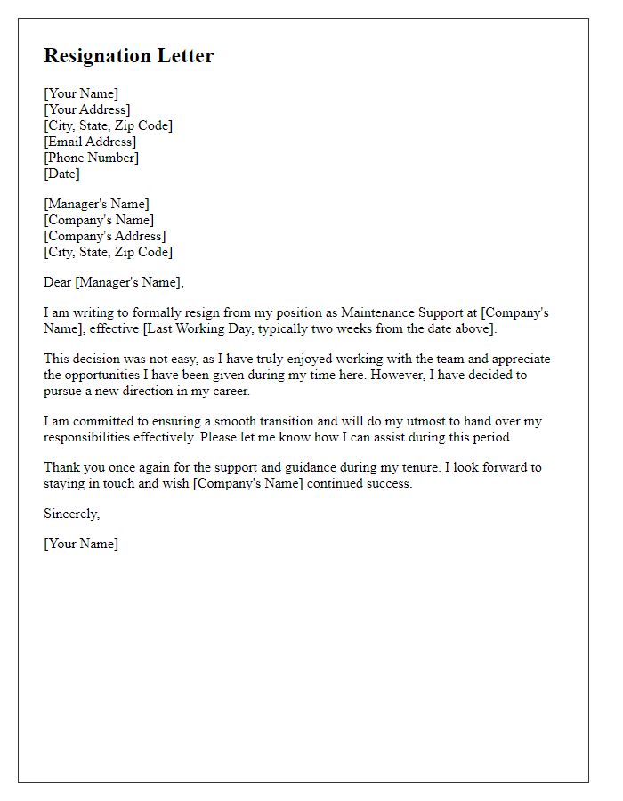 Letter template of resignation for a maintenance support role.