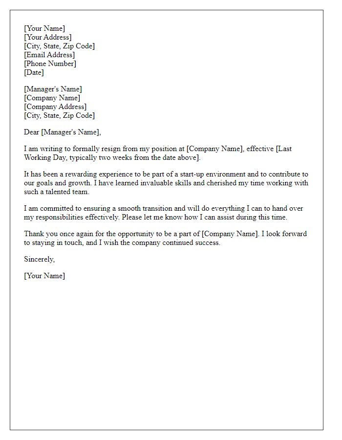 Letter template of formal resignation notice from a start-up.