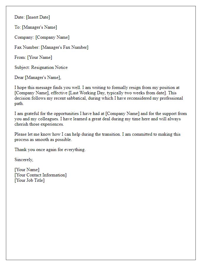 Letter template of resignation by fax for remote employees after a sabbatical