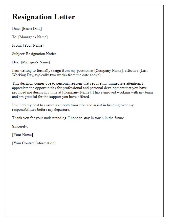 Letter template of resignation by fax for remote employees citing personal reasons