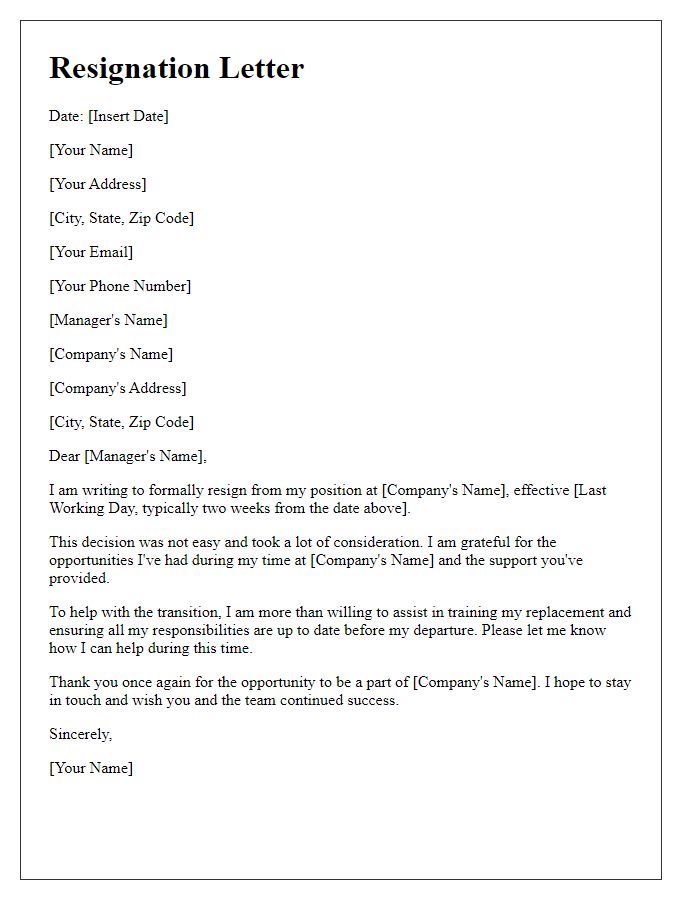 Letter template of amicable resignation offering assistance.