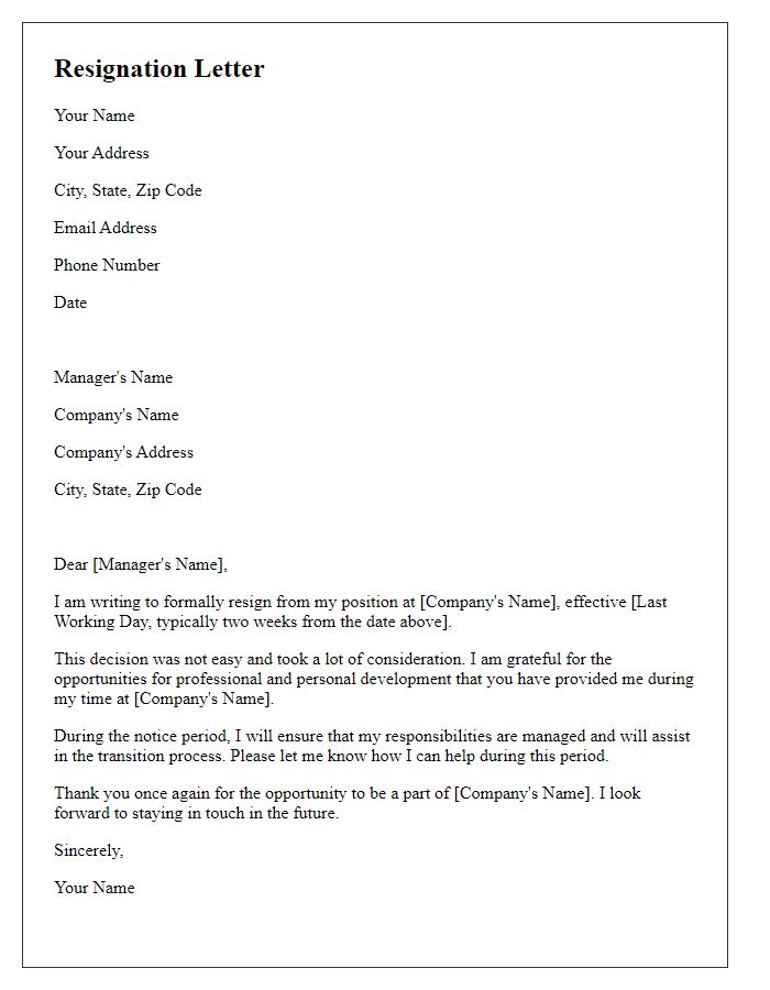 Letter template of professional resignation with notice period.