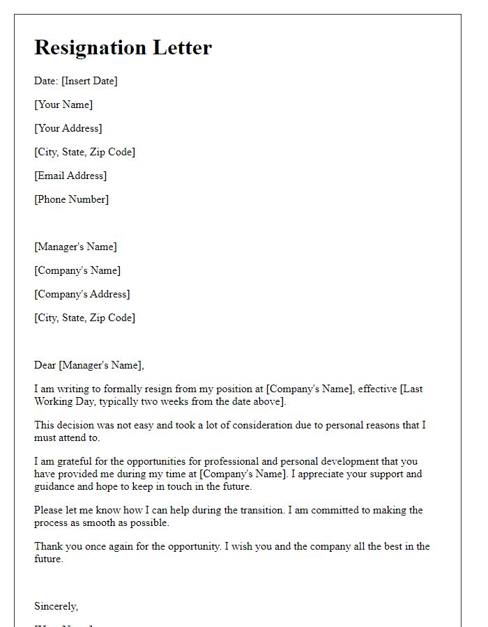 Letter template of resignation due to personal reasons.