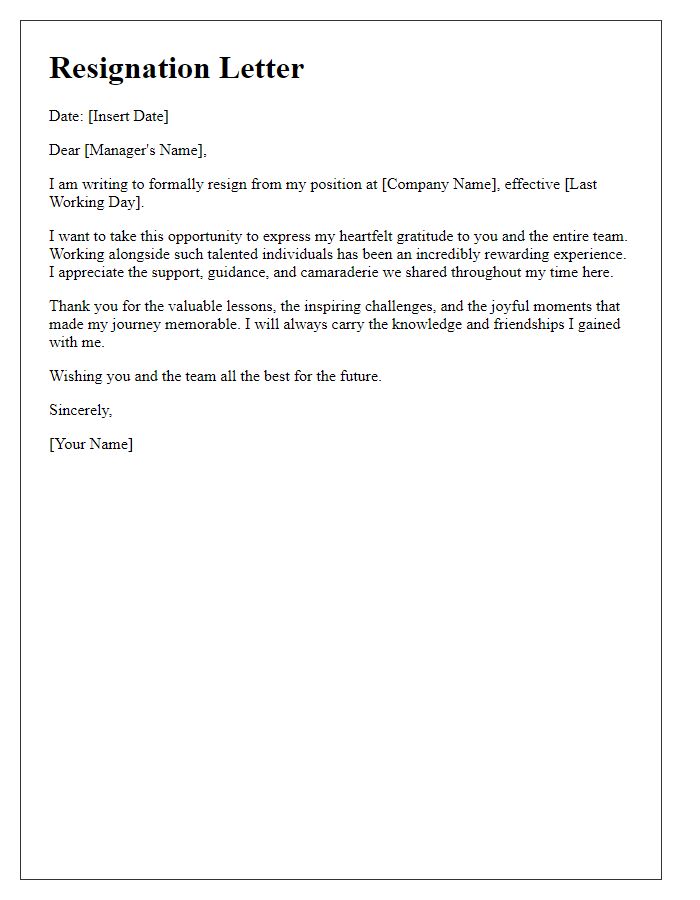 Letter template of sincere resignation thanking the team.