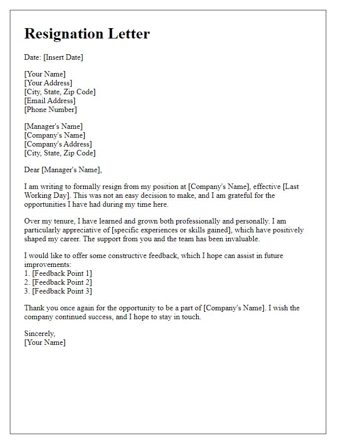 Letter template of thoughtful resignation with feedback.