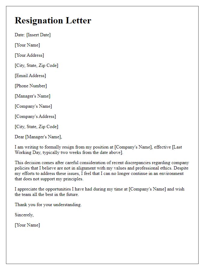 Letter template of resignation due to policy discrepancies.