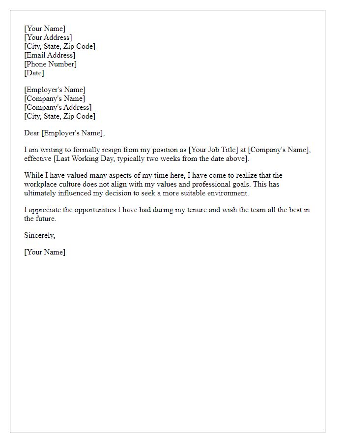 Letter template of resignation from a legal position due to workplace culture