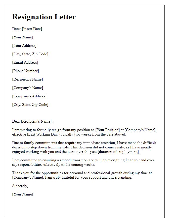 Letter template of resignation from a legal position for family commitments