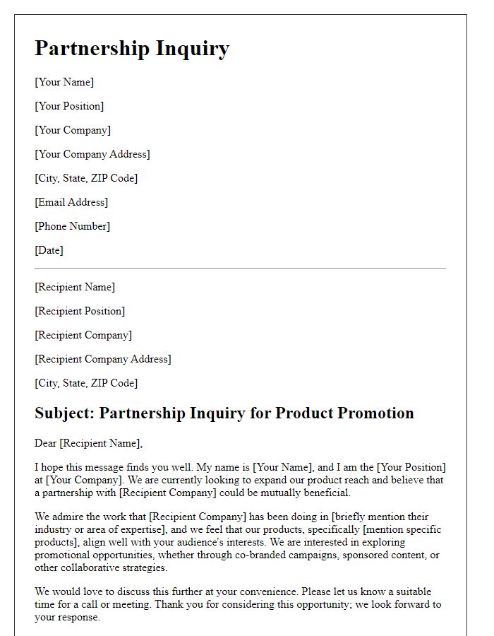 Letter template of product promotion partnership inquiry