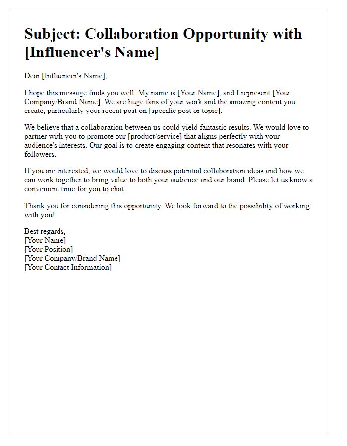 Letter template of social media influencer engagement pitch