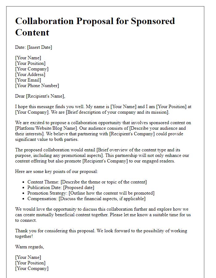 Letter template of sponsored content collaboration proposal