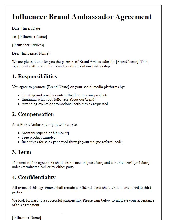 Letter template of influencer brand ambassador agreement