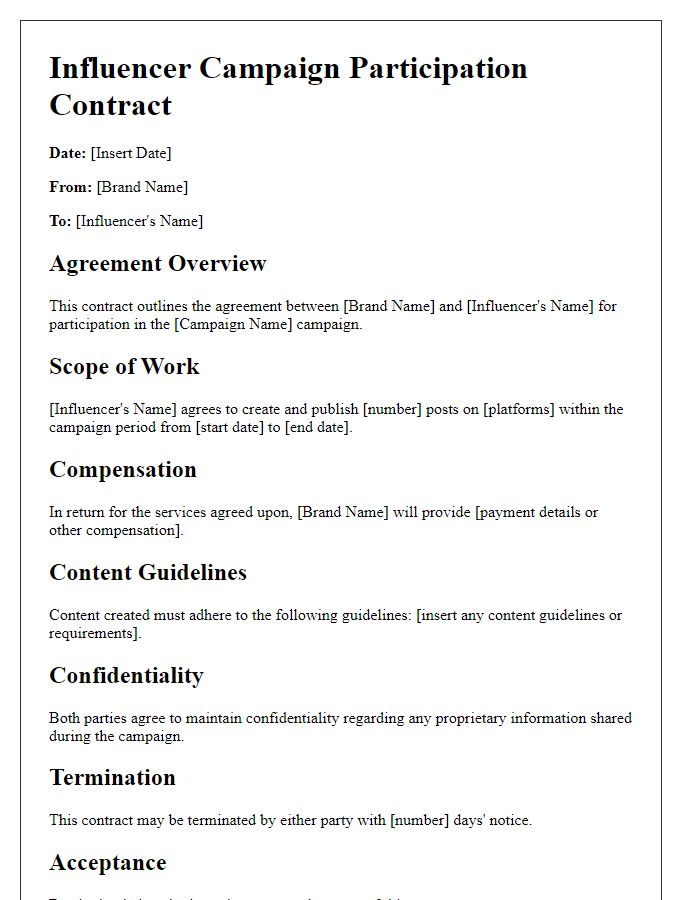 Letter template of influencer campaign participation contract