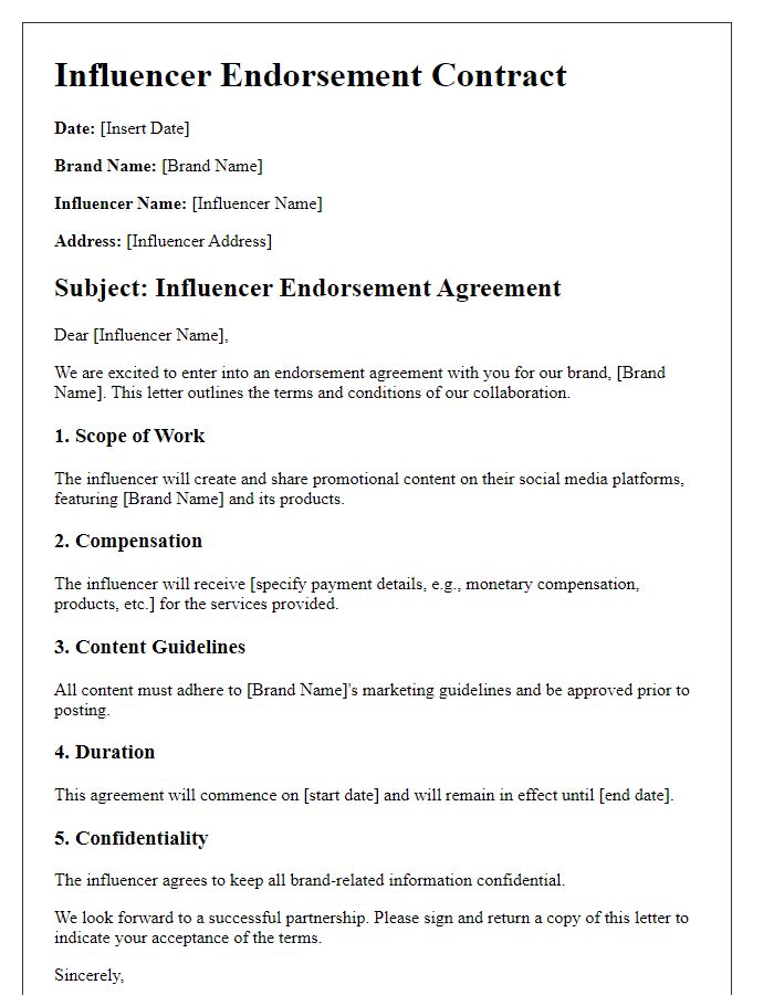 Letter template of influencer endorsement contract