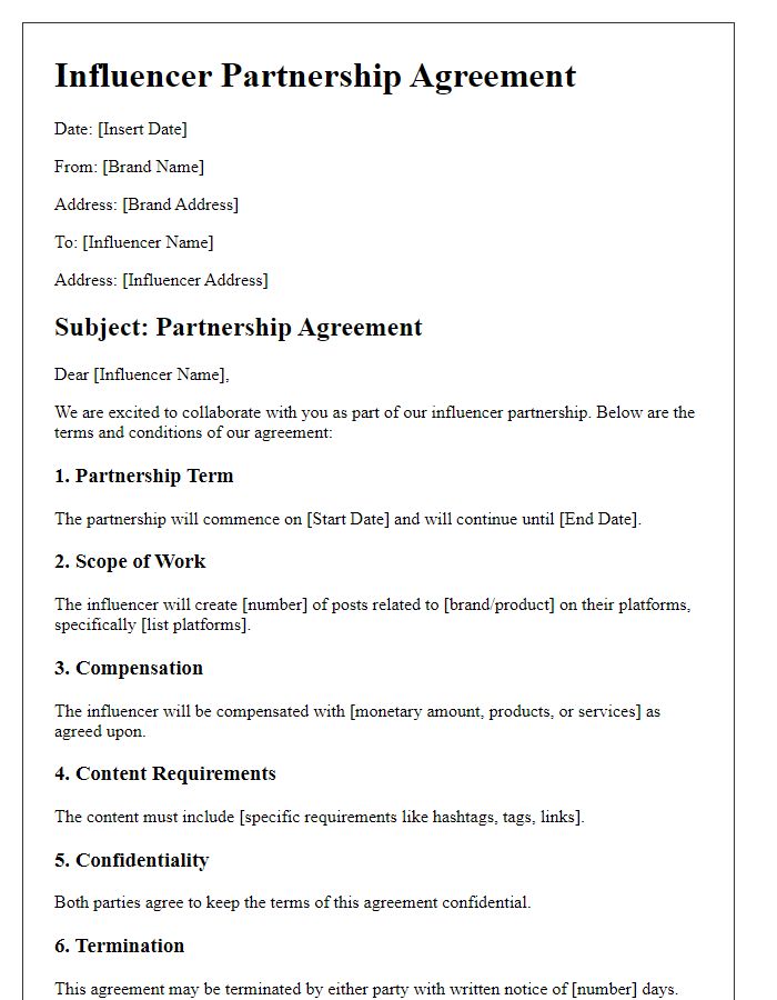 Letter template of influencer partnership agreement