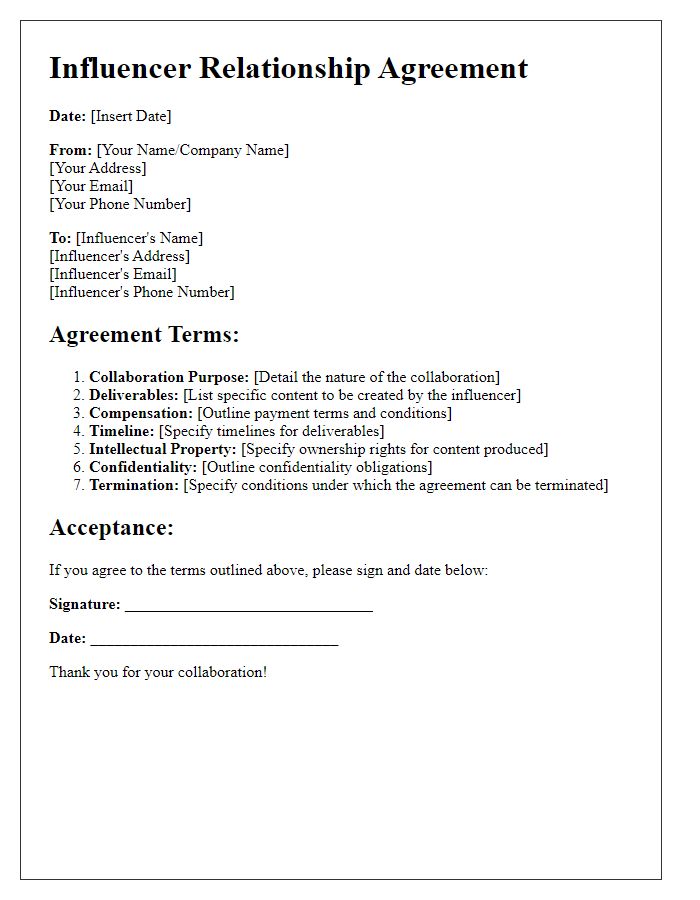 Letter template of influencer relationship agreement